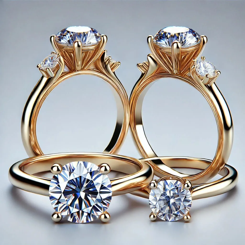 Collection bagues en or jaune 18K solitaires diamants, styles variés montages griffes, guide complet bijouterie Maroc 2025