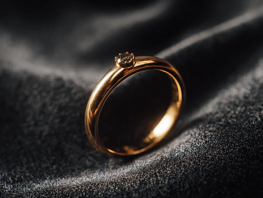 comment choisir sa bague en or : Bague solitaire en or jaune avec diamant brillant sur fond de tissu bleu.