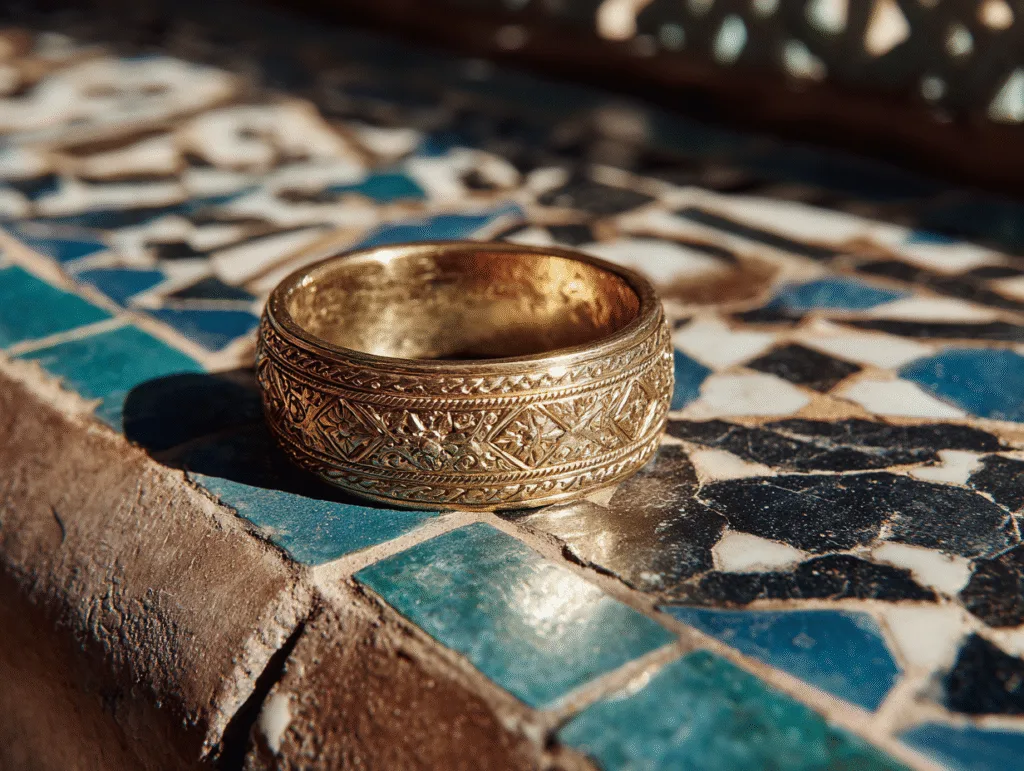 Comment choisir une bague en or : Bague en or traditionnelle marocaine avec gravures, posée sur du carrelage zellige bleu.
