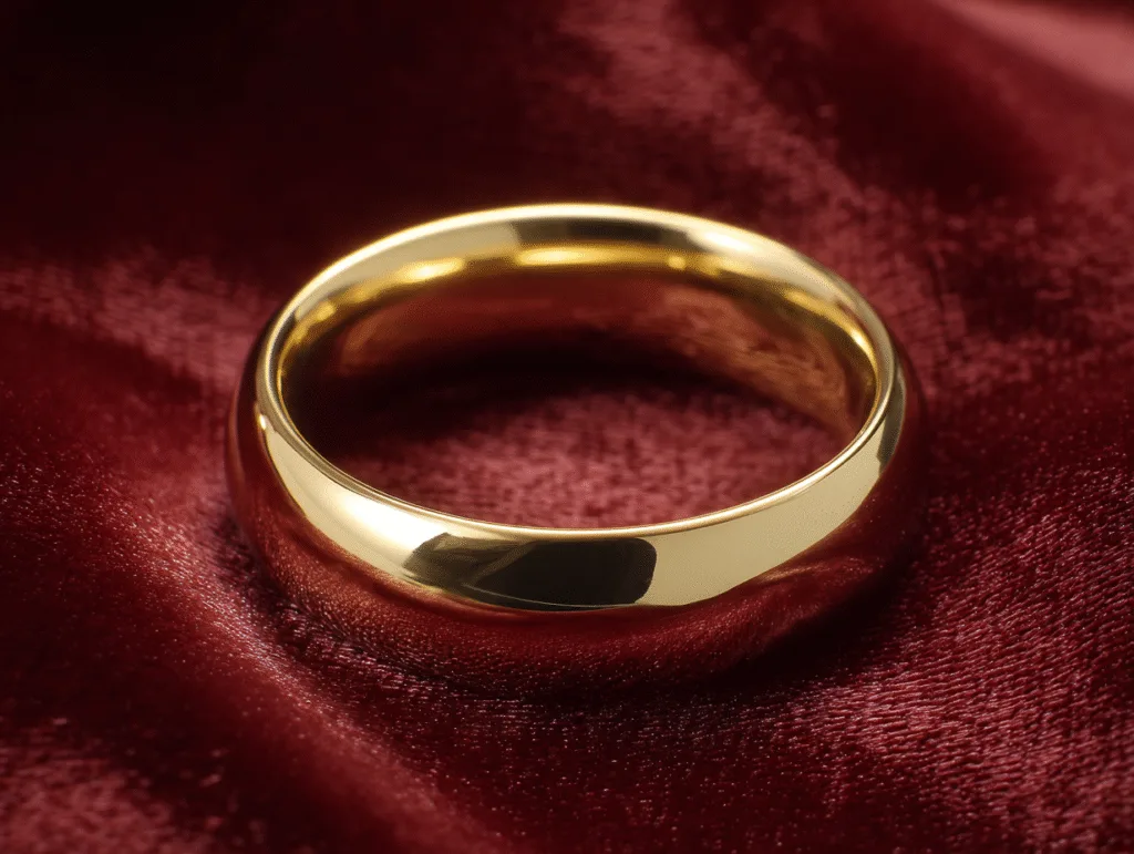 Alliance classique en or jaune lisse avec finition miroir, posée sur tissu rouge élégant.