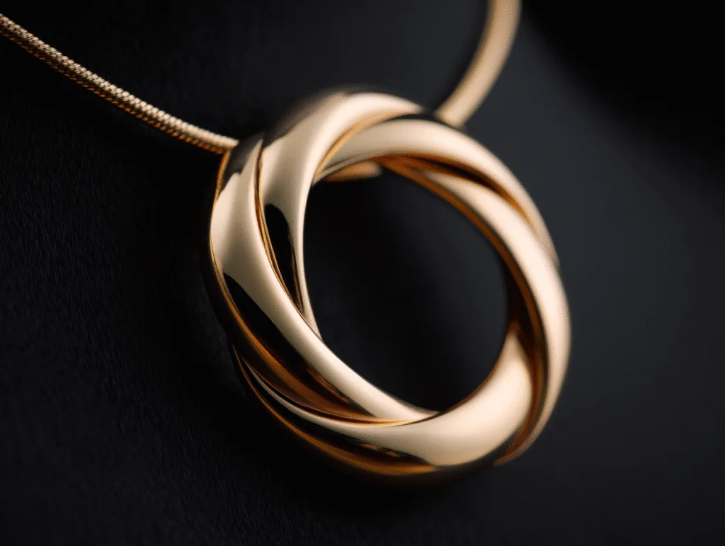 Collier en or sculptural minimaliste sur fond noir, bijou de luxe 2025.