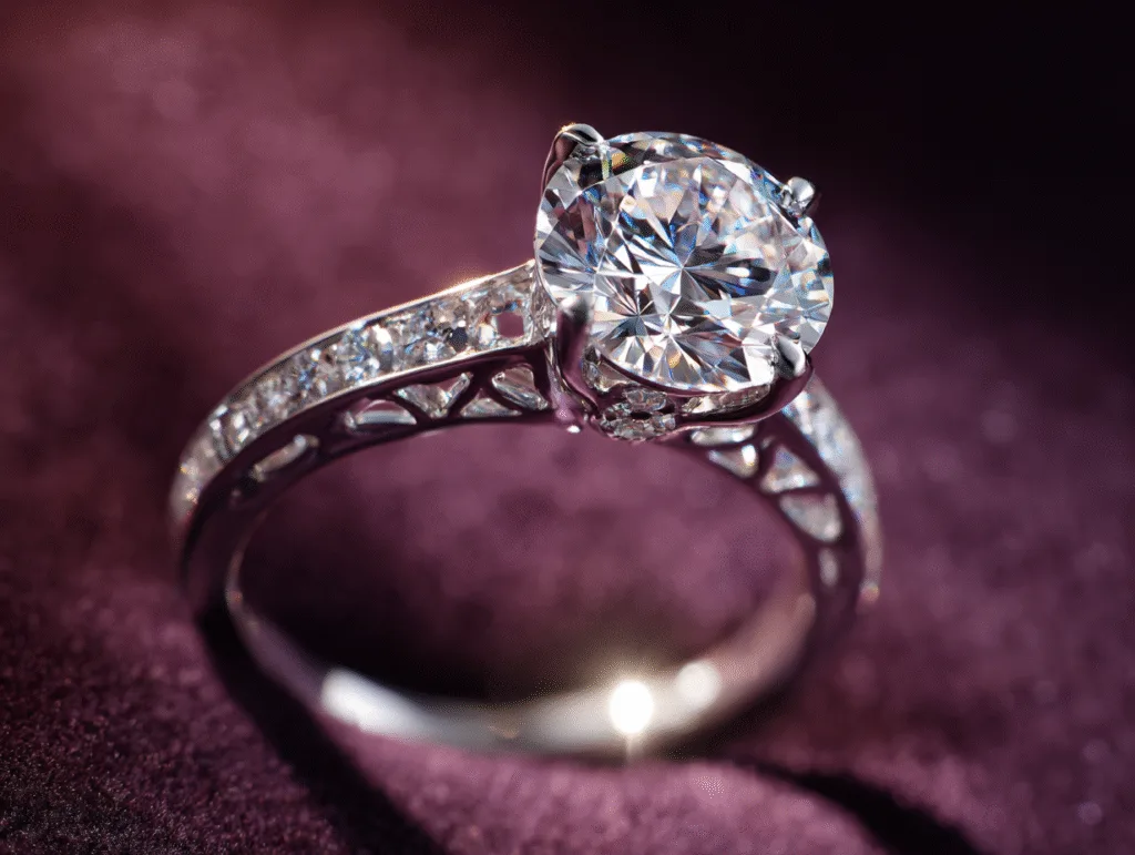 Bague de fiançailles solitaire en or blanc avec diamant rond brillant et monture ajourée.