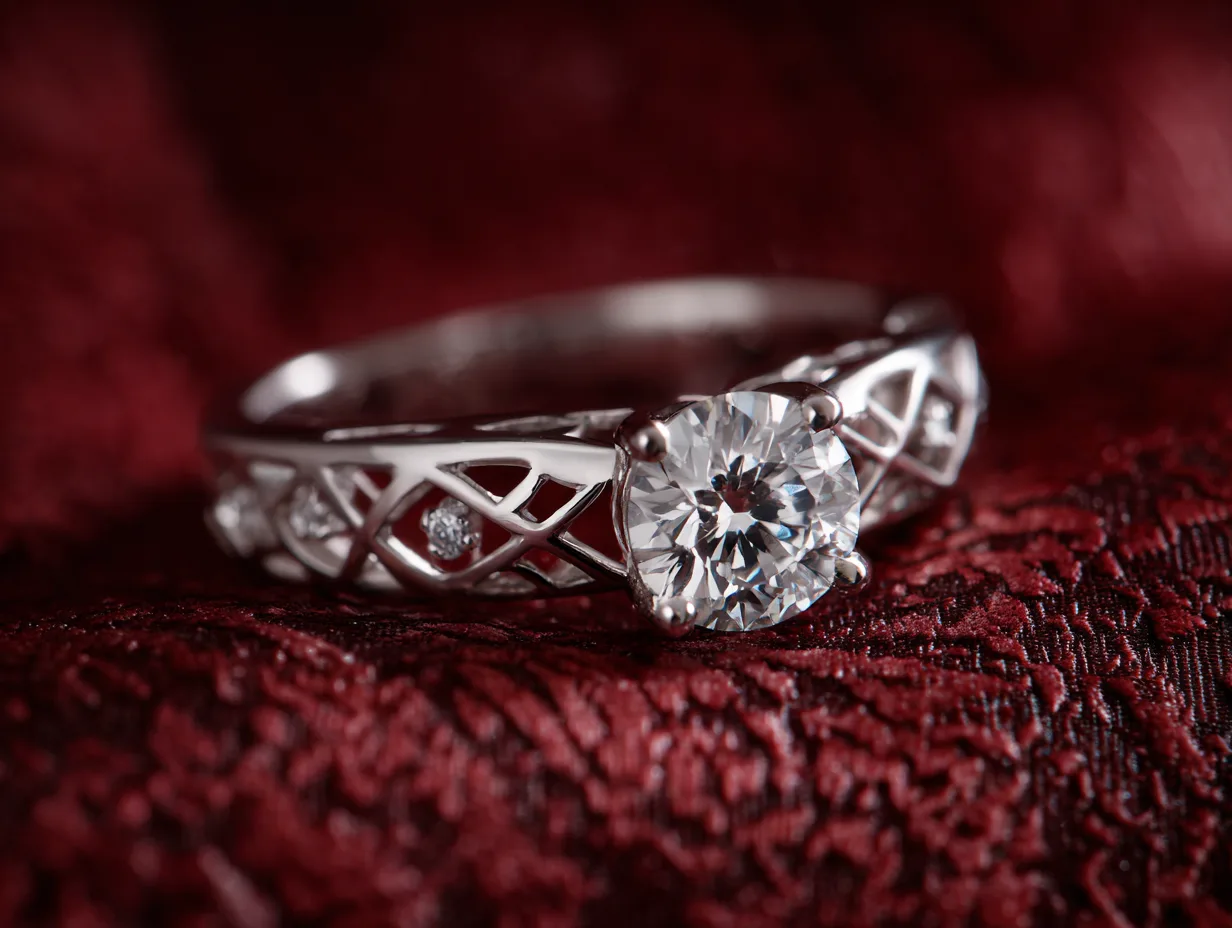 Bague de fiançailles solitaire en or blanc avec diamant rond brillant, posée sur tissu rouge élégant.