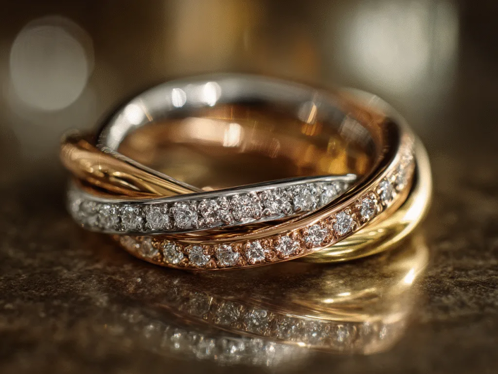 tendances bagues de fiançailles: Bague de fiançailles double anneau entrelacé en or blanc, jaune et rose sertie de diamants.