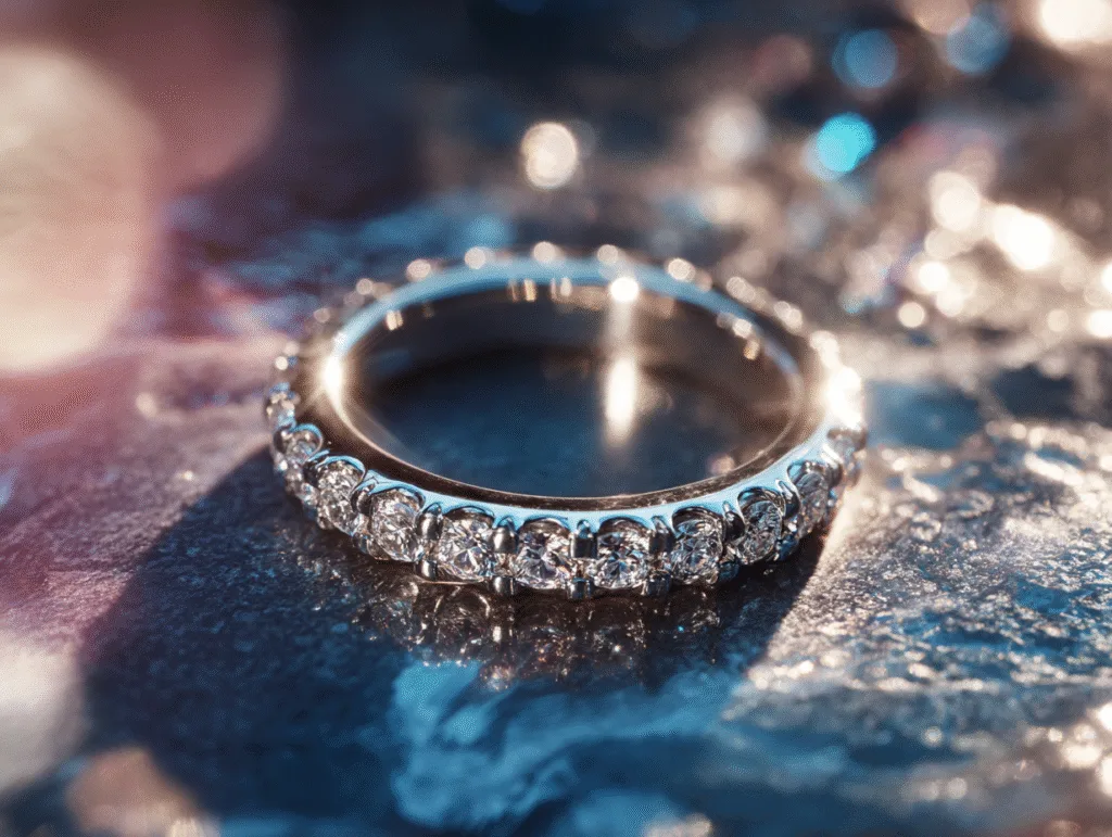 bagues alliances: Alliance pavée de diamants en or blanc, posée sur une surface lumineuse avec reflets élégants