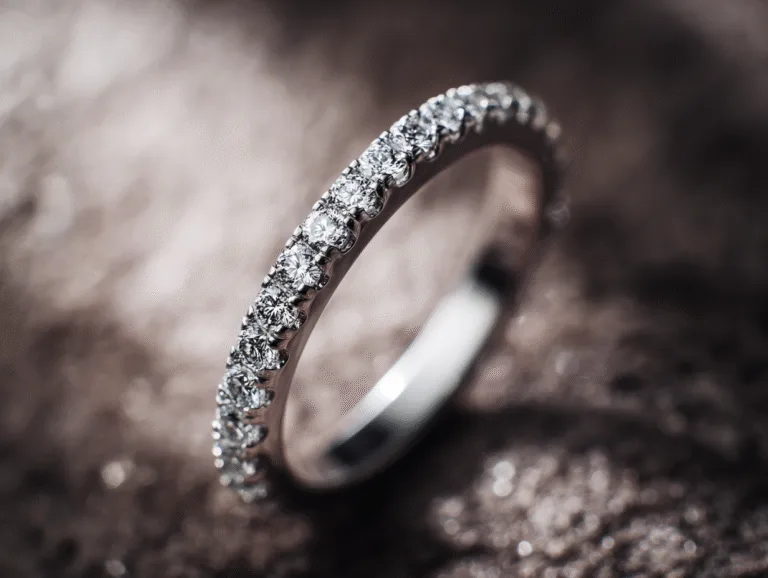 Alliance de mariage en or blanc sertie de diamants brillants, posée sur fond élégant.