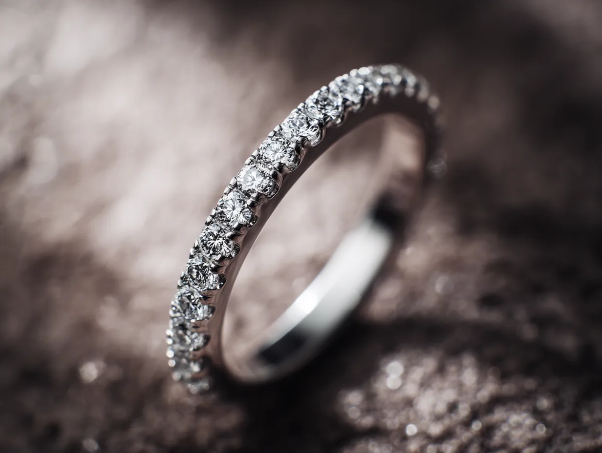 Alliance de mariage en or blanc sertie de diamants brillants, posée sur fond élégant.