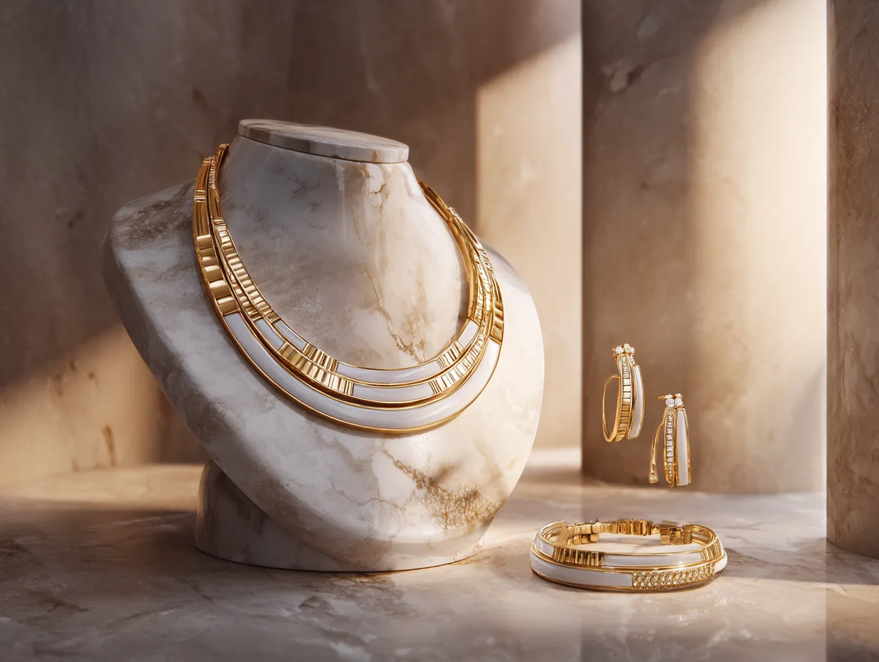 tendances colliers en or: Collier en or modulable haute joaillerie présenté sur un buste en marbre, avec boucles d’oreilles et bracelet assortis.