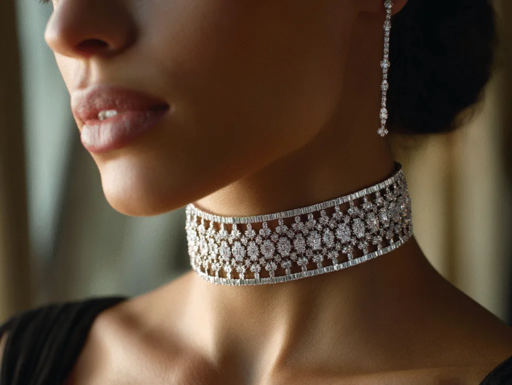 tendances colliers en or: Femme portant un choker en or blanc serti de diamants étincelants, style haute couture.