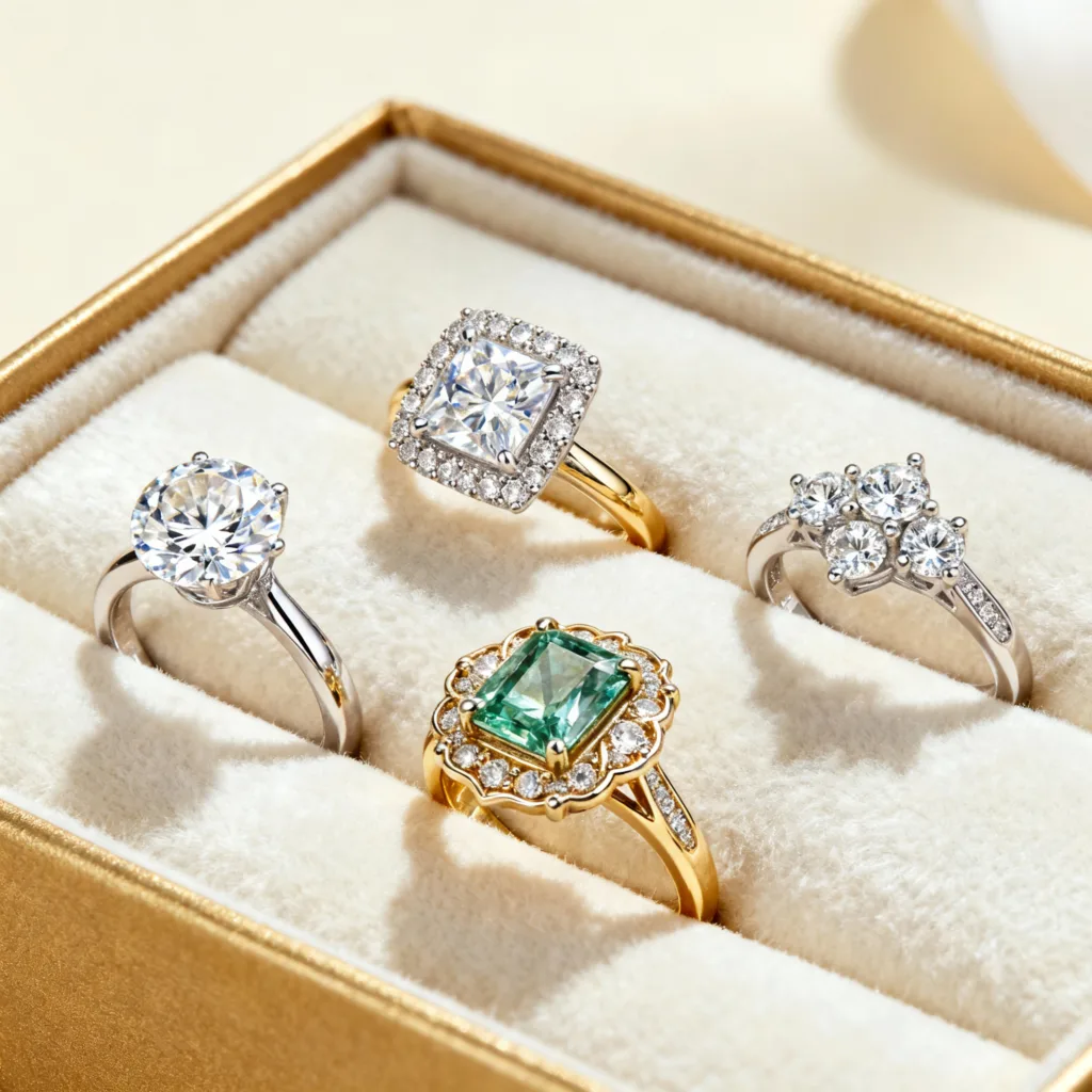 Divers designs élégants de bagues de fiançailles en diamants, affichés avec sophistication, soulignant l'expertise en bijoux sur mesure au Maroc. (see the generated image above)