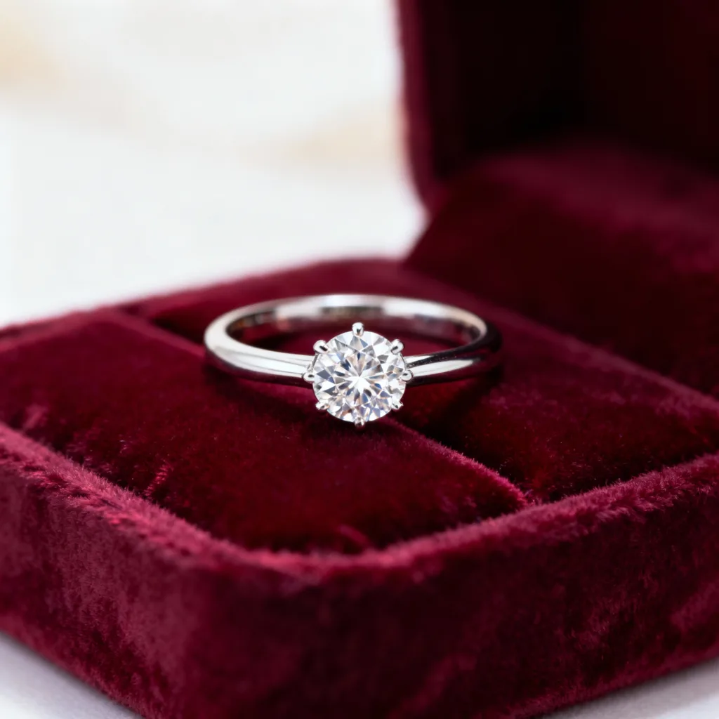 Bagues de fiançailles solitaires modernes avec diamants, exposées sur fond velours, évoquant le luxe sur mesure d'une joaillerie casablancaise.