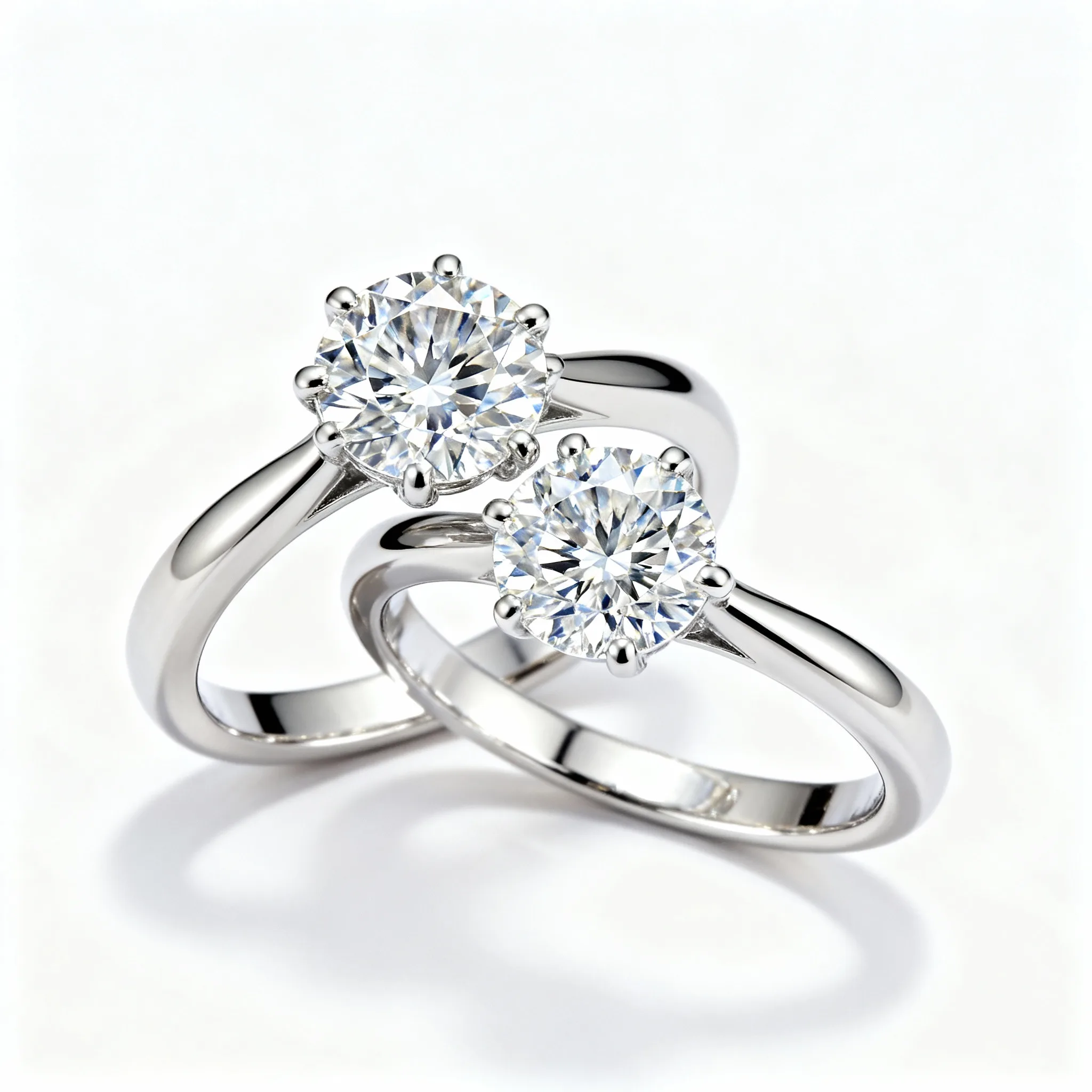 Une collection élégante de bagues de fiançailles ornées de diamants étincelants, présentées sur fond blanc, idéales pour une joaillerie marocaine sur mesure